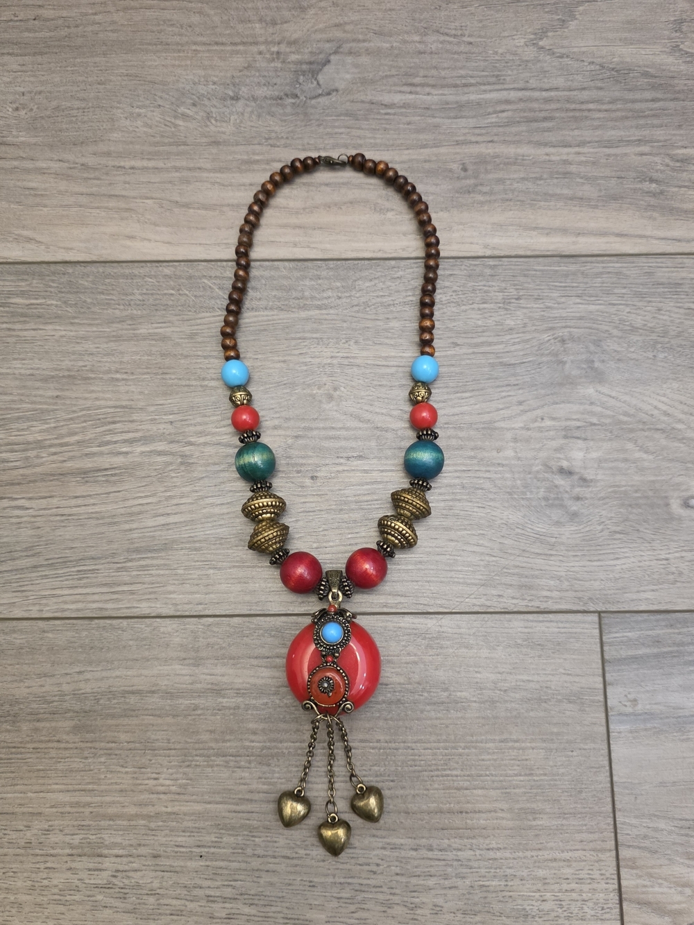 Vintage Boho Ethnic Beaded Pendant Necklace with Heart Tassels
